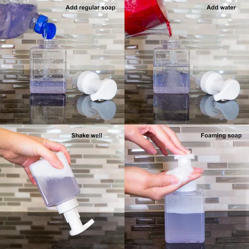 Vista 4 de Youngever Paquete de 4 botellas cuadradas de plástico transparente, botellas de bomba de plástico recargables con bloqueo de viaje (12 onzas)