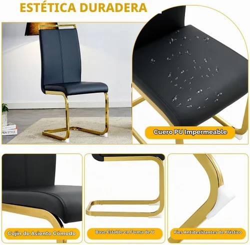 Vista 9 de Juego de mesa de comedor de mármol sintético para 6, mesas de comedor rectangulares para 6, mesa de cocina dorada y 6 sillas de piel sintética