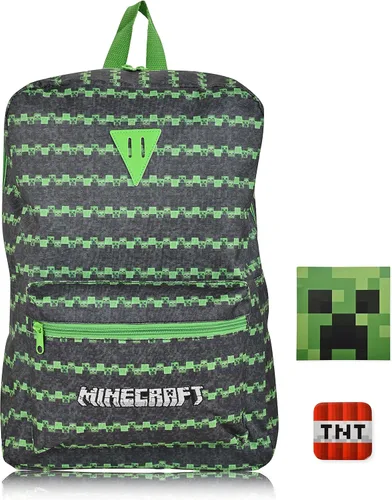 Vista 2 de Minecraft Juego de mochila de 3 piezas - mochila, calcomanía, pin - Niños y niñas adultos Minecraft Creeper Mochila escolar, Negro Verde, Mochilas