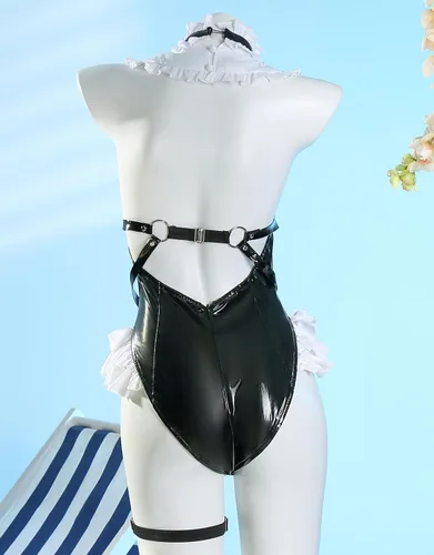Vista 3 de miccostumes Disfraz de animé para mujer, disfraz gótico de sirvienta y calcetines con tocado