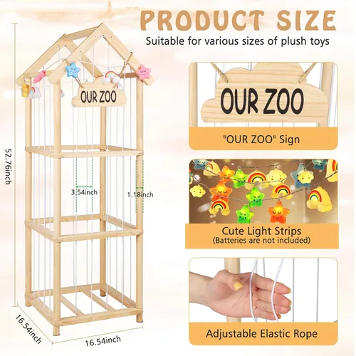 Vista 2 de Organizador de juguetes de peluche de madera de zoológico de 53 pulgadas, organizador de juguetes de peluche con anclajes antipunta, organizador