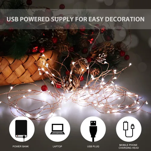 Vista 2 de Ariceleo Guirnalda de luces LED de hadas USB, 1 paquete de luces de hadas de alambre de cobre para interiores, dormitorio, festival, Navidad, boda