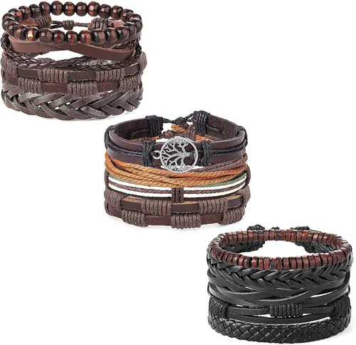 Vista 2 de Hanpabum 18 pulseras de cuero trenzado para hombres y mujeres, pulsera tejida con cuentas de madera, pulseras étnicas tribales ajustables, Cuero