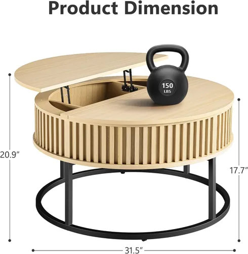 Vista 2 de Mesa de centro redonda con parte superior elevadora, mesas de centro de madera estriada para sala de estar, elevación para comedor, gran