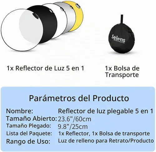 Vista 5 de Selens Portable 5-in-1 24 in / 60 cm Handle Round Reflector Collapsible