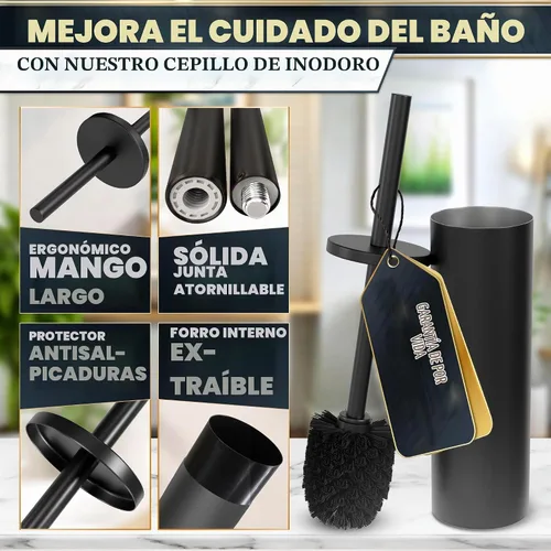 Vista 4 de Juego de escobilla y soporte de inodoro negro, cepillo limpiador de inodoro