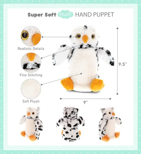 Vista 2 de DolliBu Marioneta de mano de peluche de búho blanco para niños, juguete de marioneta de peluche suave, juegos de espectáculos de marionetas