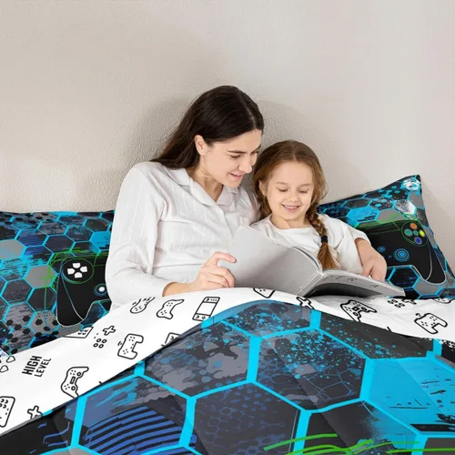 Vista 2 de Manfei Juego de edredón moderno de 2 piezas con estampado de consola de videojuegos de panal azul con 1 funda de almohada, juego de ropa de cama