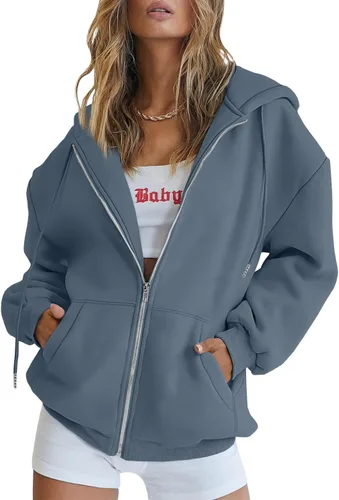 Vista 6 de EFAN Sudaderas con capucha lindas para mujer con cordón y cremallera, chaqueta de otoño de gran tamaño, sudaderas casuales con bolsillo Negro