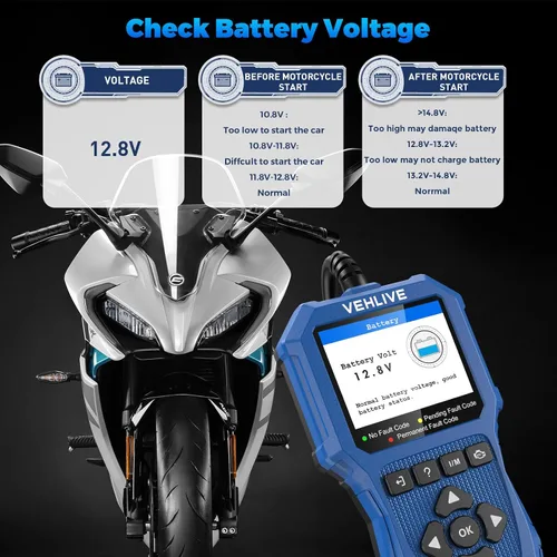 Vista 4 de Herramienta de Medición y Diagnóstico del Sistema de Motocicleta, Escáner Moto OBD2 con Prueba de Voltaje, Lector de Códigos de Fallas