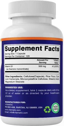 Vista 8 de Vitamina B1 500 mg (mononitrato de tiamina), 120 cápsulas (paquete de 2) High Potency B1, Supports Nervous System Health and Energy Metabolism*