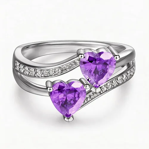 Vista 2 de Anillo de promesa de boda con topacio azul y blanco, chapado en plata de ley 925, con doble corazón