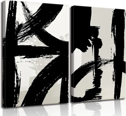 Vista 9 de BOKPEN Arte de pared de lienzo abstracto en blanco y negro, pinturas minimalistas de líneas, obras de arte, póster geométrico de mediados de siglo