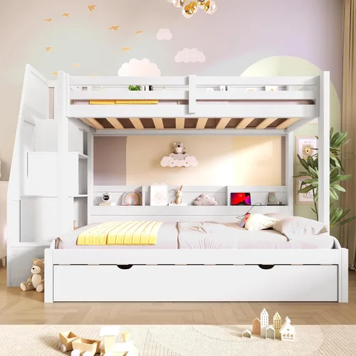Vista 10 de Harper & Bright Designs - Litera de tamaño individual sobre individual con nido y cajones de almacenamiento, base de cama de madera con barandilla