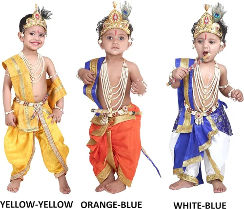 Vista 6 de Raj Fancy Dresses Vestido Shri Krishna para bebés, niño y niña, vestido Janmashtmi con Dhoti Dupatta, vestido Kanha, para 3 meses a 8 años