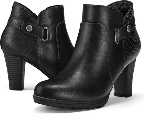 Vista 15 de mysoft - Botines de mujer con cremallera, tacón grueso apilado, botas de tobillo con hebilla y correa en el tobillo Marrón (Brown Buckle)