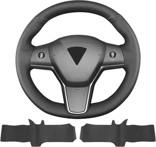 Vista 7 de Funda para volante cosida a mano, apta para Tesla Model 3 2017-2023/Modelo Y 2020-2023, funda antideslizante de cuero de microfibra transpirable