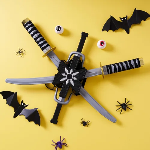 Vista 6 de Spooktacular Creations Ninja Swords, Backpack Weapon Toy Set with Swords and Knives for Kids, Ninja Costume Accessories for Cosplay, Dress-up Party