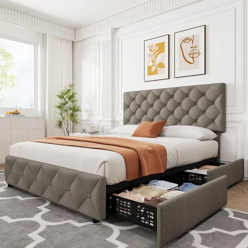 Vista 11 de IDEALHOUSE - Base de cama tamaño matrimonial con 4 cajones de almacenamiento y cabecera ajustable, camas con plataforma tapizada en lino, botones