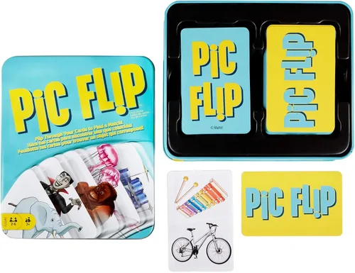 Vista 6 de Mattel Games Juego de cartas PIC FLIP con 110 cartas en una lata decorativa, es un gran juego para niños de 7 años en adelante