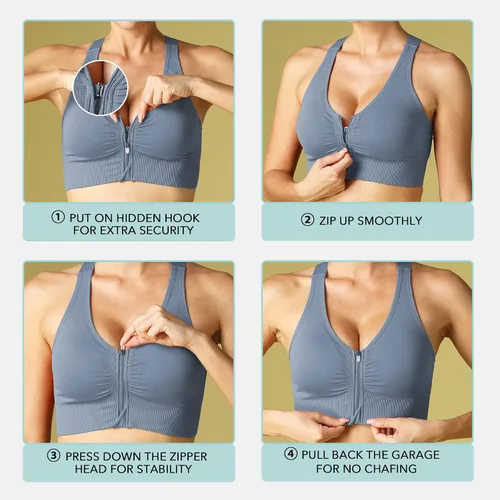 Vista 5 de Evercute Sujetador deportivo con cremallera frontal para mujer, brasier deportivo sin alambre, con tirantes acolchados, soporte medio, para yoga
