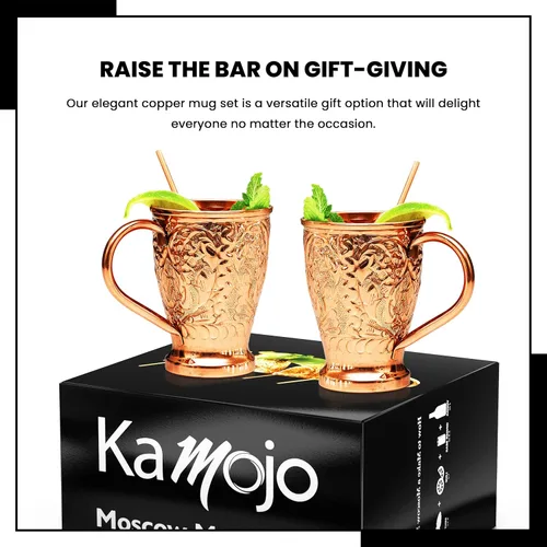 Vista 8 de Kamojo Juego de 2 tazas de cobre con diseño único hecho a mano en relieve con revestimiento antideslustre de grado alimenticio, juego de regalo