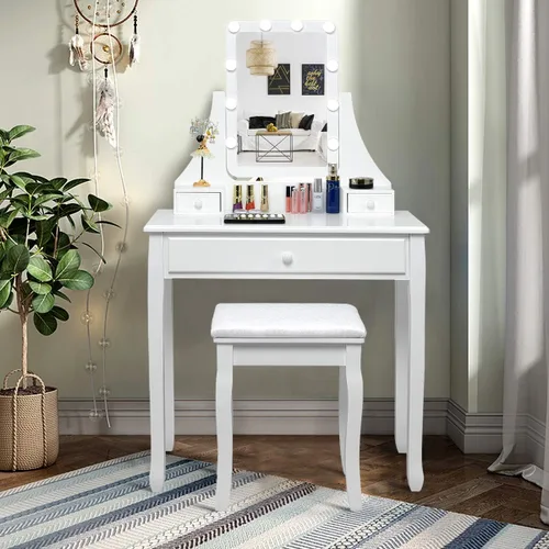 Vista 16 de CHARMAID Tocador de maquillaje con 10 luces LED, 4 cajones, estante de almacenamiento, perilla en forma de rosa, tocador de maquillaje