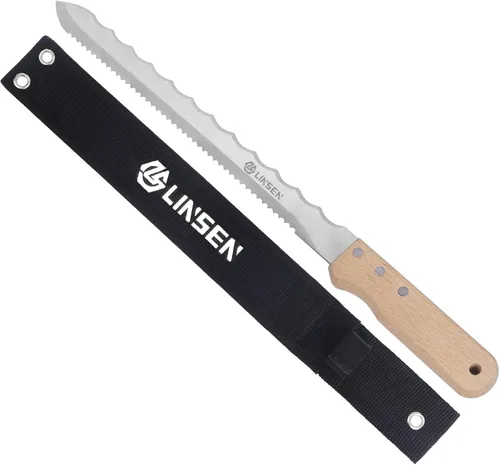 Vista 6 de Cuchillo de jardín de acero inoxidable con mango de madera, cortador de césped de doble cara para reparación de césped, cuchillo de jardín con funda