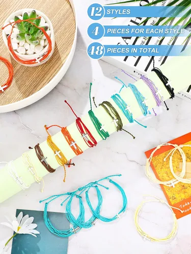 Vista 3 de 48 pulseras de cruz cristianas hechas a mano trenzadas, pulseras cristianas para mujeres, hombres, niños y niñas, Acero inoxidable, Acero