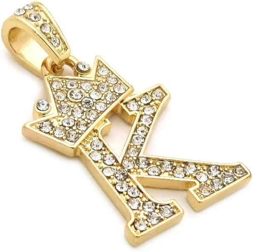 Vista 7 de Colgante empedrado de letra inicial con corona, pequeño de 0.12 pulgadas y unisex, collar de cadena cubana de 24 pulgadas en oro, tono plata.