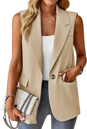 Vista 2 de Mina self Chaqueta sin mangas para mujer, casual, ligera, color sólido, chaleco abierto al frente, cárdigan con solapa y bolsillos