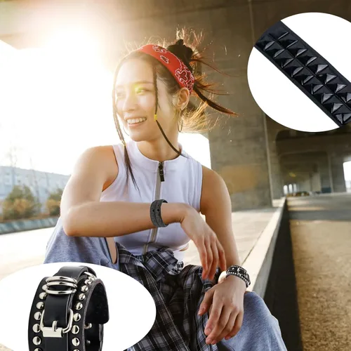 Vista 6 de REDANHA 6 PCS Spiked Studded Pulsera de cuero negro remache punk pulsera brazalete