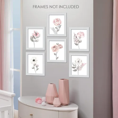 Vista 4 de Lambs & Ivy Acuarela Floral Sin Marco Vivero Niño Arte De Pared 6pc - Rosa/Gris