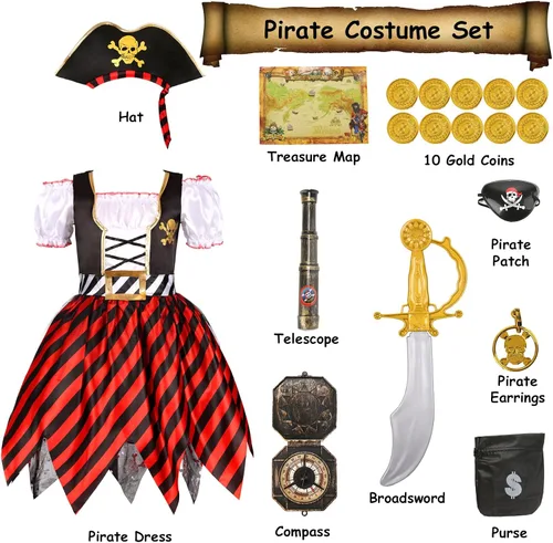 Vista 2 de RAAIBB Disfraz de pirata para niñas, disfraz de Halloween para niñas, disfraz de princesa bucanera con accesorios de lujo, regalos de cumpleaños