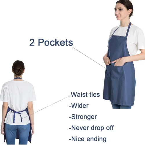 Vista 3 de Delantales azules a granel para mujeres y niñas con 2 bolsillos, delantales de cocina de restaurante de chef, delantales lisos, para artistas