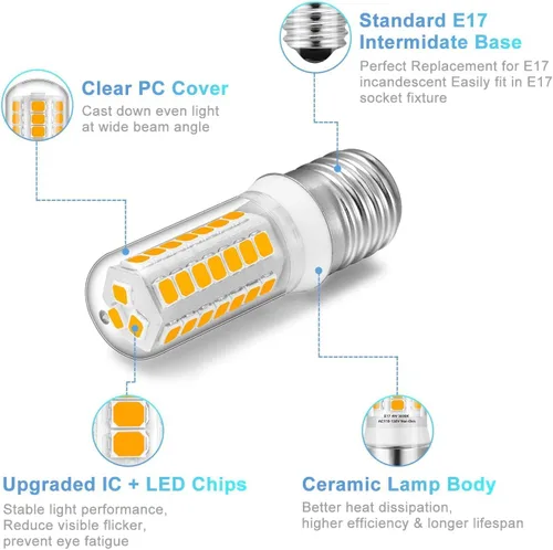 Vista 4 de KLG Bombilla LED E17 4W 3000K blanco cálido, no regulable, equivalente a halógeno de 40 W, base intermedia E17 para microondas, campana extractora