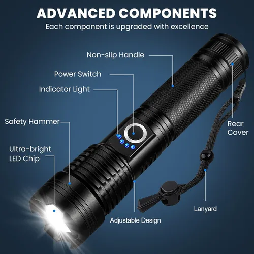 Vista 7 de Linterna recargable de 99,000 lúmenes - Paquete de 3 linternas LED brillantes con 5 modos, linterna impermeable de mano para camping, hogar, exterior