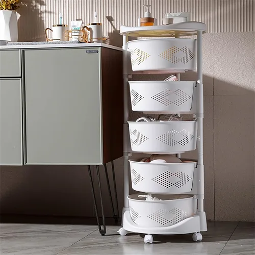 Vista 4 de Soporte de almacenamiento giratorio multifuncional de 5 niveles con 5 ruedas bloqueables para cocina, dormitorio, sala de estar