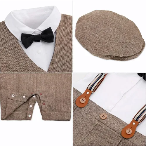 Vista 5 de Conjunto de trajes para bebé, 3 piezas, overol de caballero de manga larga, chaleco y boinas con pajarita, Boinas