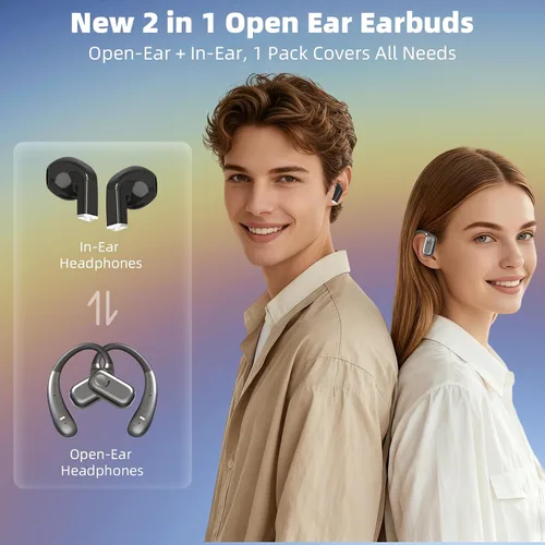 Vista 2 de Auriculares de oreja abierta 2 en 1 y auriculares intraurales, Bluetooth inalámbrico 5.4 con reproducción de 60 horas, retardo 0, control táctil