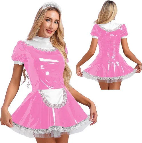 Vista 6 de Vestido de sirvienta de látex francés de manga corta para mujer, disfraz de cosplay con delantal