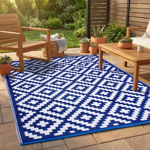Vista 12 de FH Home - Alfombra para exteriores, impermeable, resistente a la decoloración, reversible, plástico reciclado de alta calidad, acabado geométrico