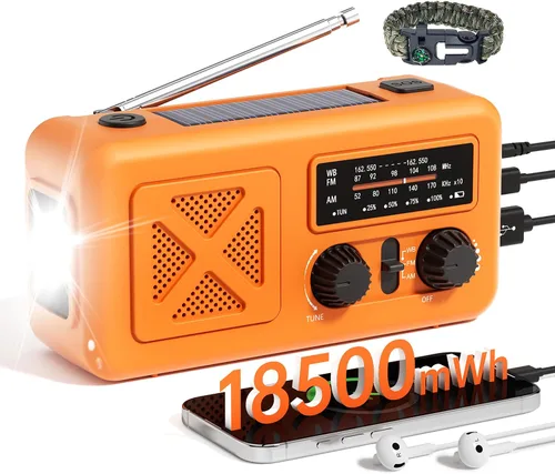 Vista 10 de Radio de emergencia con manivela solar, 10000 mAh/37000 mWh, radio meteorológica de emergencia, radios solares de manivela con NOAA/AM/FM, linterna