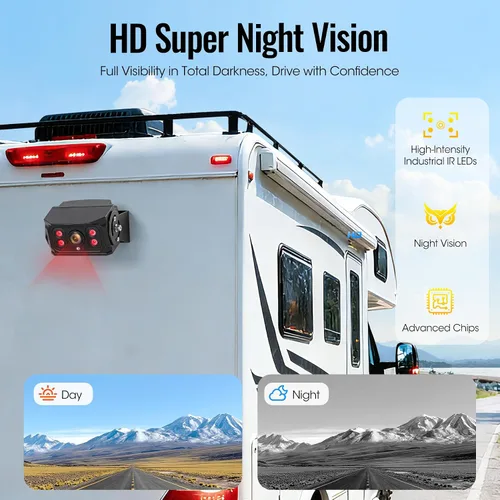 Vista 5 de Sistema de cámara de respaldo con cable 1080P de 10.1 pulgadas, cámara de visión trasera DVR, visión nocturna IR impermeable IP69, 20G a prueba