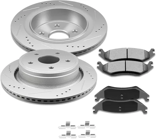 Vista 8 de SCITOO Rotores de disco D/S delanteros de 13.23 pulgadas y traseros de 13.86 pulgadas + pastillas de freno de cerámica de repuesto para Chrysler