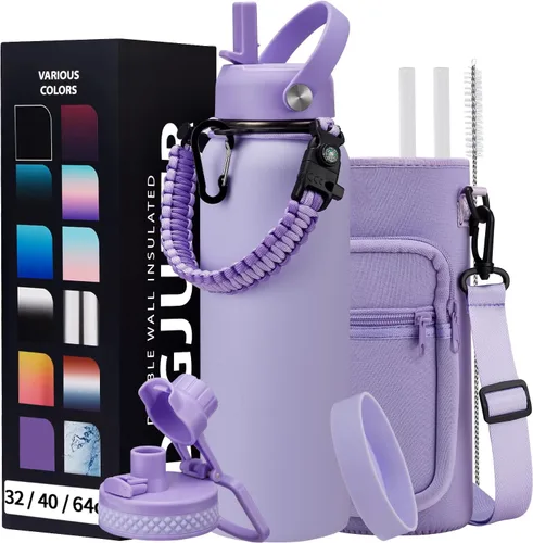 Vista 11 de Botella de agua aislada de 1 galón, con popote y tapa de pico automático, mango de paracord, funda para botella, botella de agua de acero inoxidable