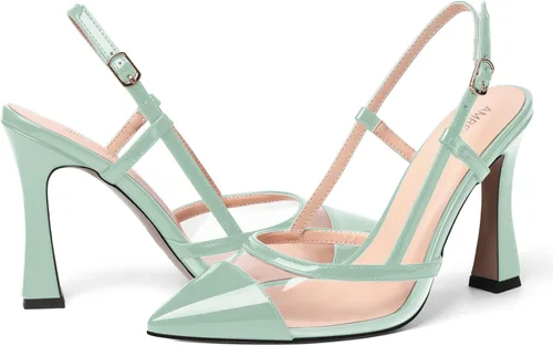 Vista 6 de AMBELIGHT Zapatos de vestir con puntera puntiaguda transparente para mujer, sandalias de charol grueso para citas, zapatos de tacón alto de aguja
