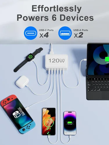 Vista 3 de Otovoda Bloque de cargador USB C de 120 W, estación de carga USB de 6 puertos para múltiples dispositivos, concentrador de carga múltiple