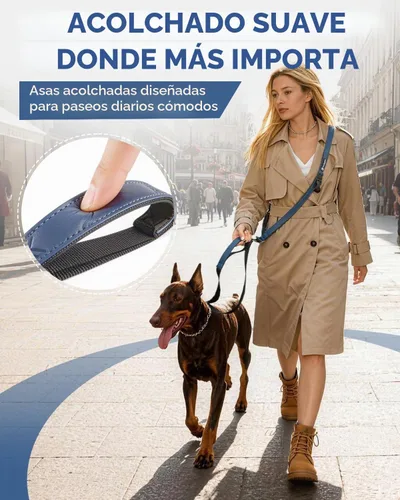 Vista 5 de Correa cruzada reforzada para perro, correa de nailon ajustable de 4 a 6 pies con asas acolchadas dobles, clip giratorio de 360° para perros