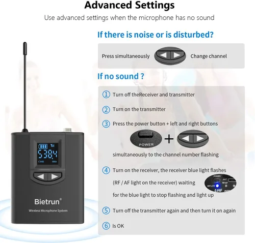 Vista 5 de Bietrun - Sistema de micrófono inalámbrico UHF Lavalier de solapa/micrófono para auriculares/micrófono de soporte, rango de 50.3 metros, transmisor